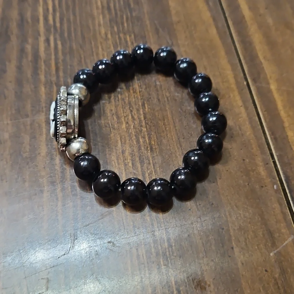 Black Beaded Bracelet with Cameo Charm